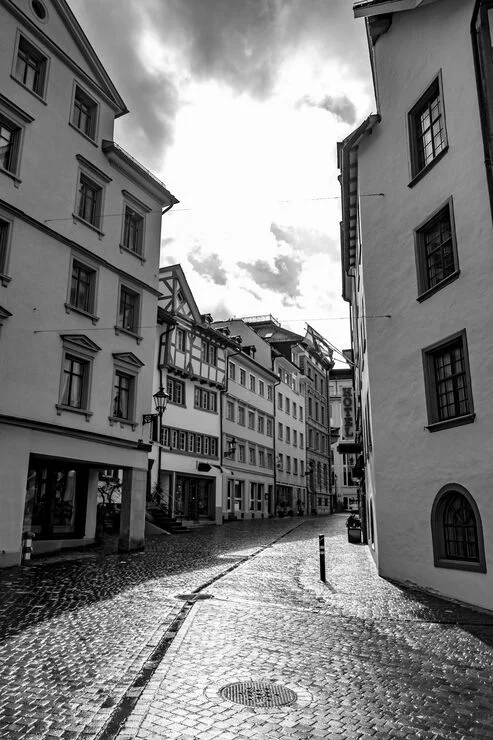 A lane in black and white