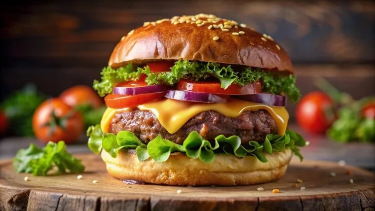A burger on a wooden surface